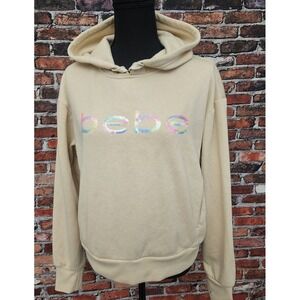 Bebe Sport M Cream Hoodie Rainbow Sequins Athleisure Yoga Gym Workout Sweatshirt
